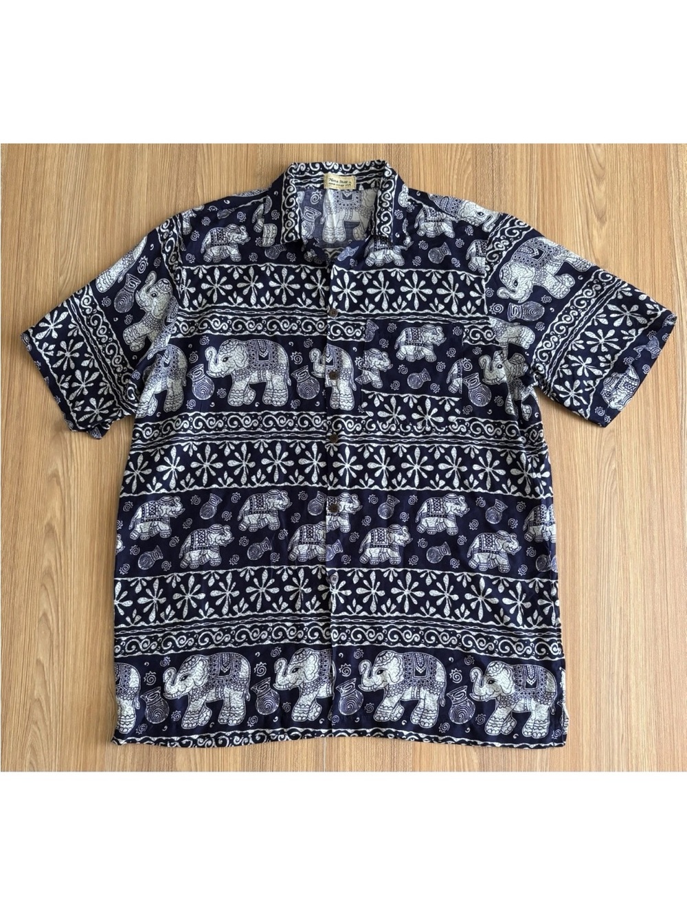 Nana Shop Vintage Style Hawaiian Thai Elephant Button Up Shirt Mens XL Navy SS